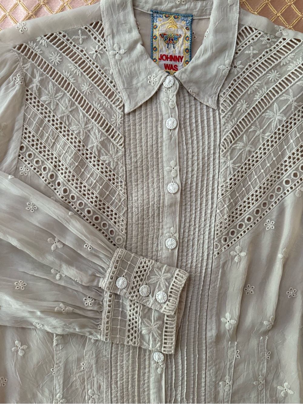 Brand New Johnny Was VictorianVintage-Inspired Beige Embroidered Button-Up S - Picture 5 of 7